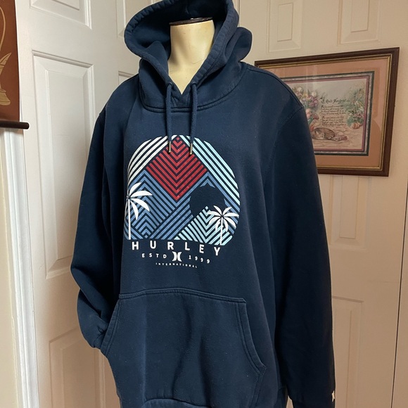EUC Hurley Navy Pullover Hoodie with Red & Light Blue Graphic - Picture 3 of 8